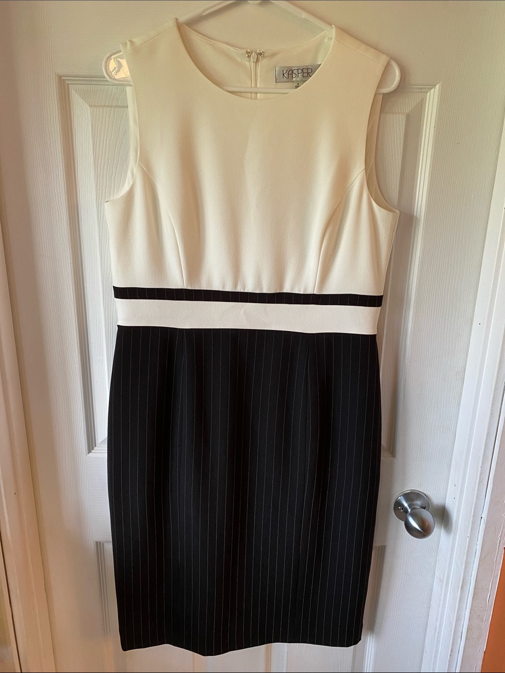 Kasper Cream and Black Pinstripe Sleeveless Sheath Dress